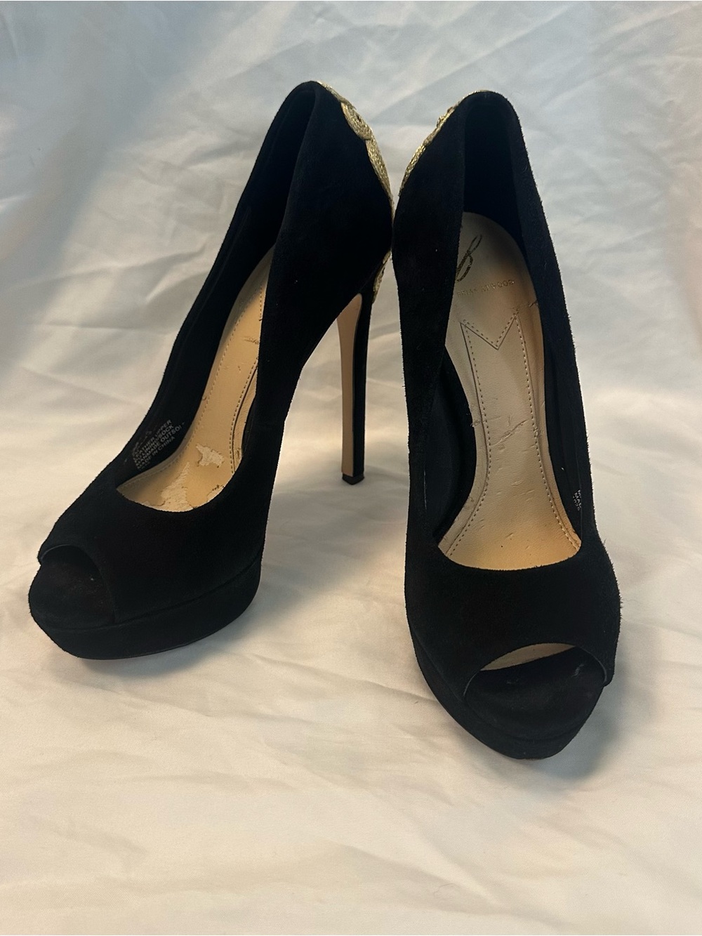 Brian Atwood Black Suede Peep-Toe Platform Pumps with Gold Accent 7